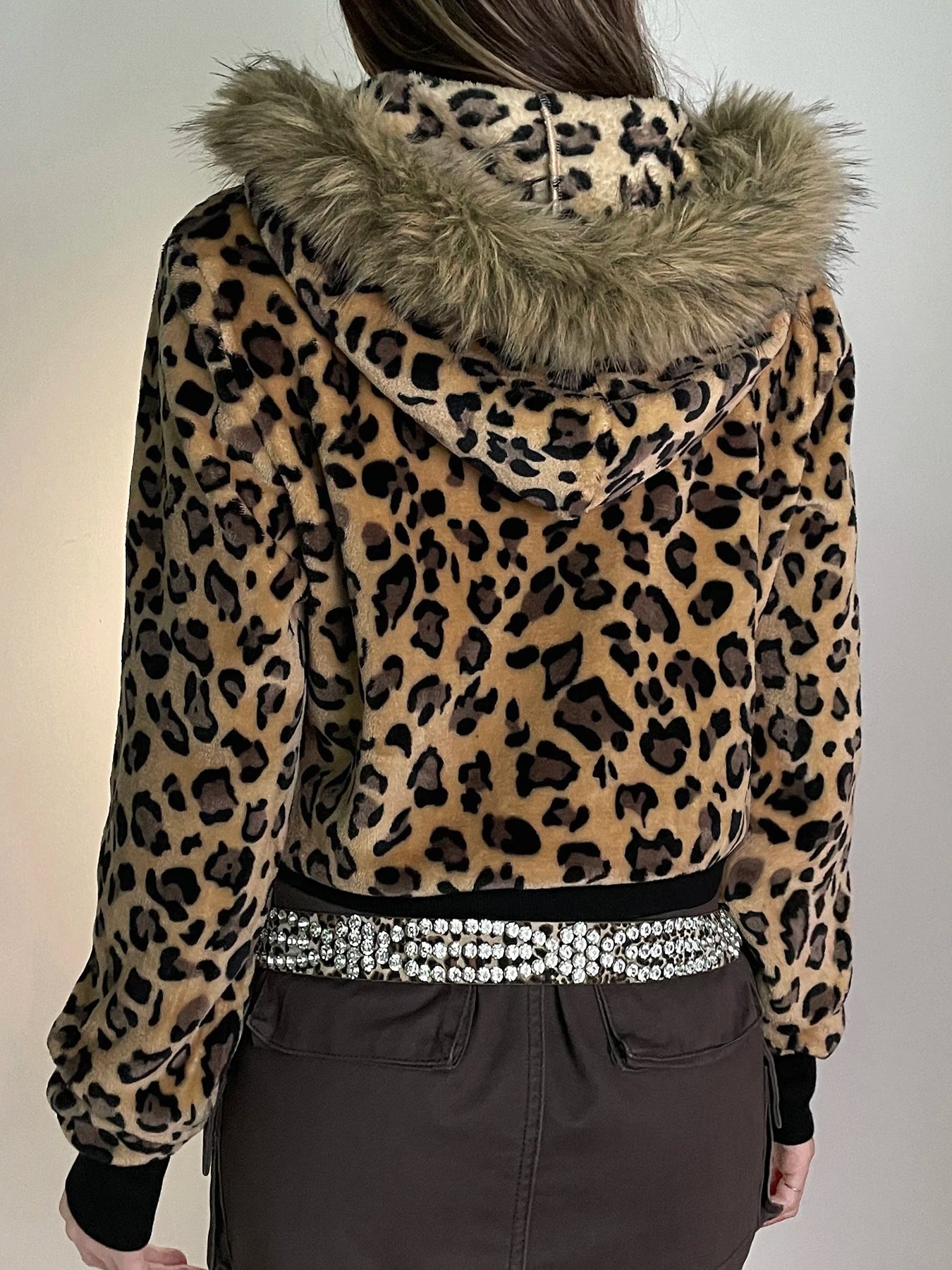 Fur Trim Leopard Zipper Hoodie