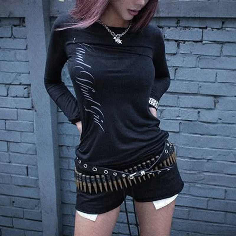 Gothic Letter Print Long Sleeve T-shirt - PWM