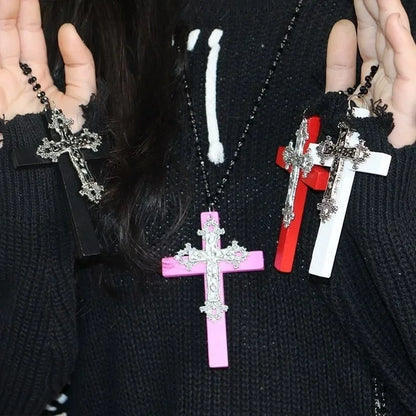 Gothic Punk Large Wood Cross Pendant Necklace