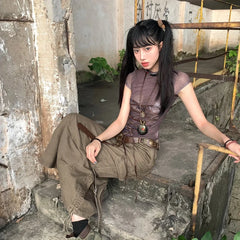 Short Sleeve Lace Up Print Graphic Tops - PWM