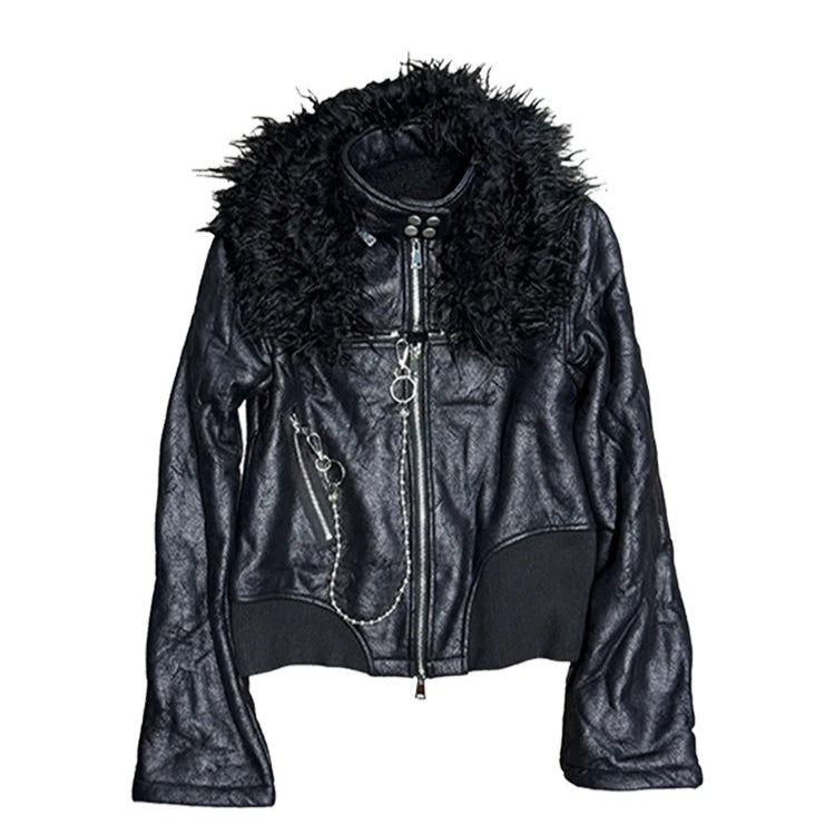 Fur Collar Metal Patch Leather Jacket