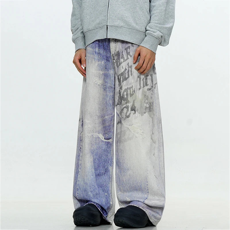 Graffiti Letter Gradient Color Washing Jeans