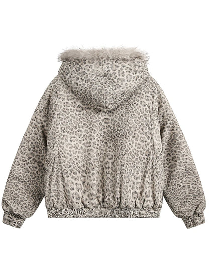 Leopard Print Fur Collar Hooded Jacket