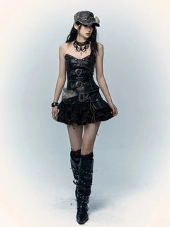 Gothic Off Shoulder Skinny Ruffle Short Skirt Set - PWM