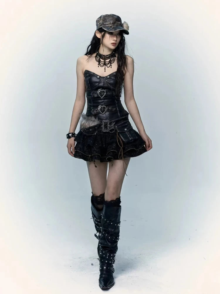 Gothic Off Shoulder Skinny Ruffle Short Skirt Set - PWM