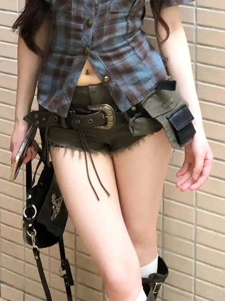Low Rise Denim Shorts With Belt - PWM