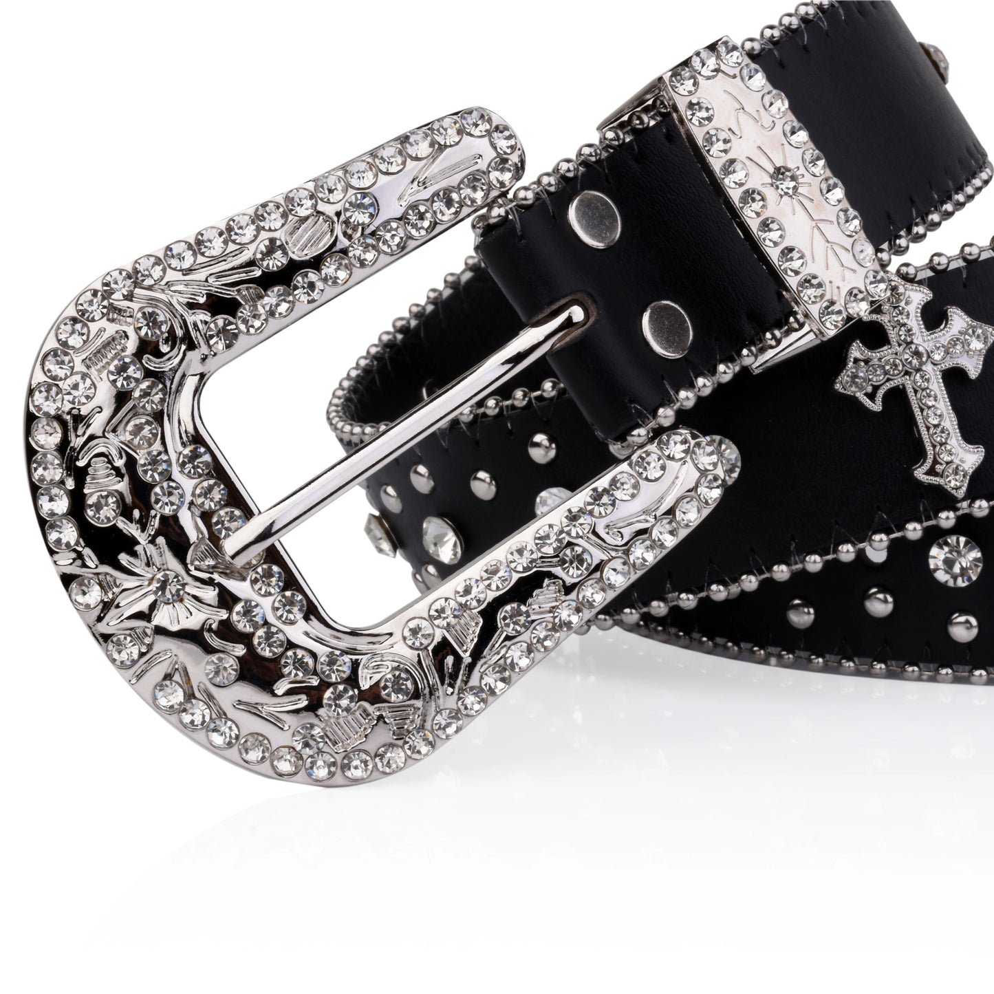 Cross Rhinestone Belt Engraved Buckle