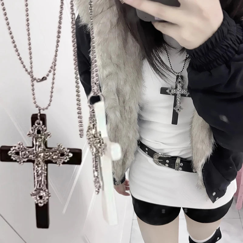 Gothic Punk Large Wood Cross Pendant Necklace