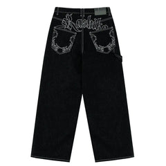 Embroidered White Lining Straight Jeans - PWM