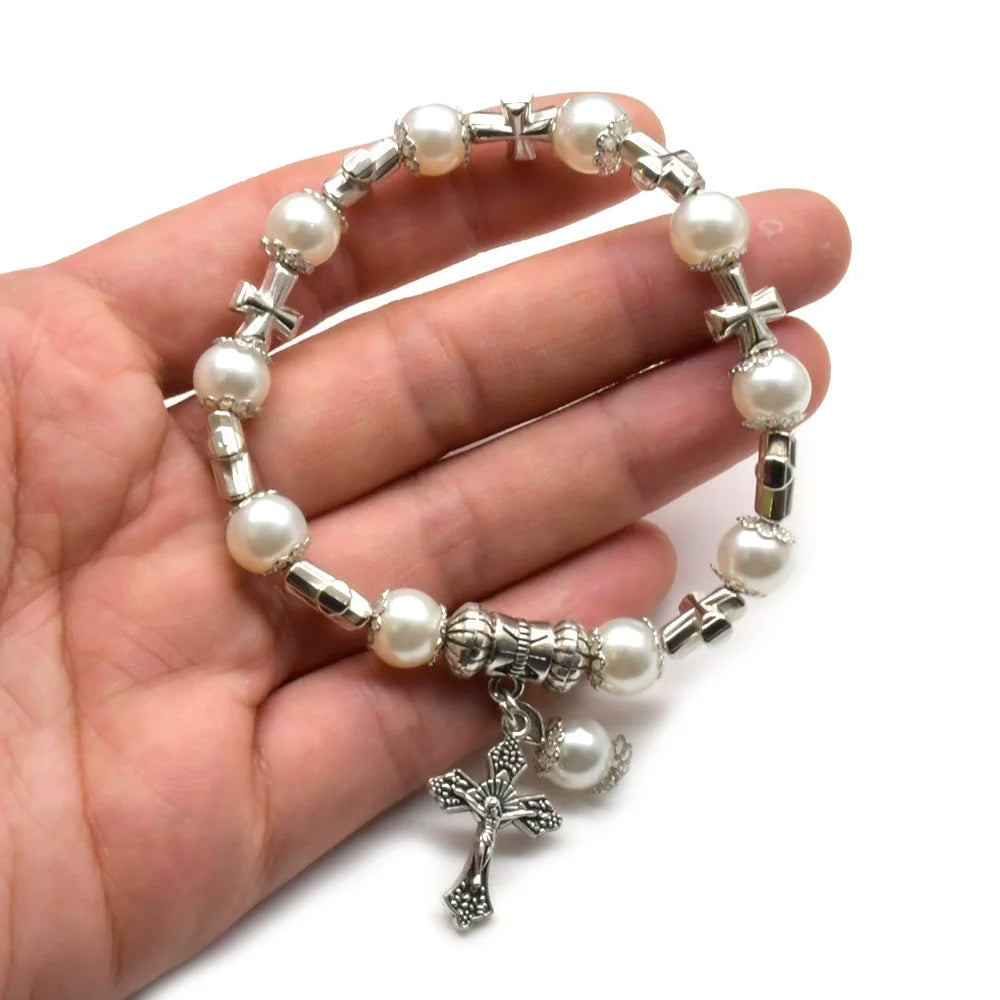 White Glass Pearl Cross Elastic Rosary Bracelets
