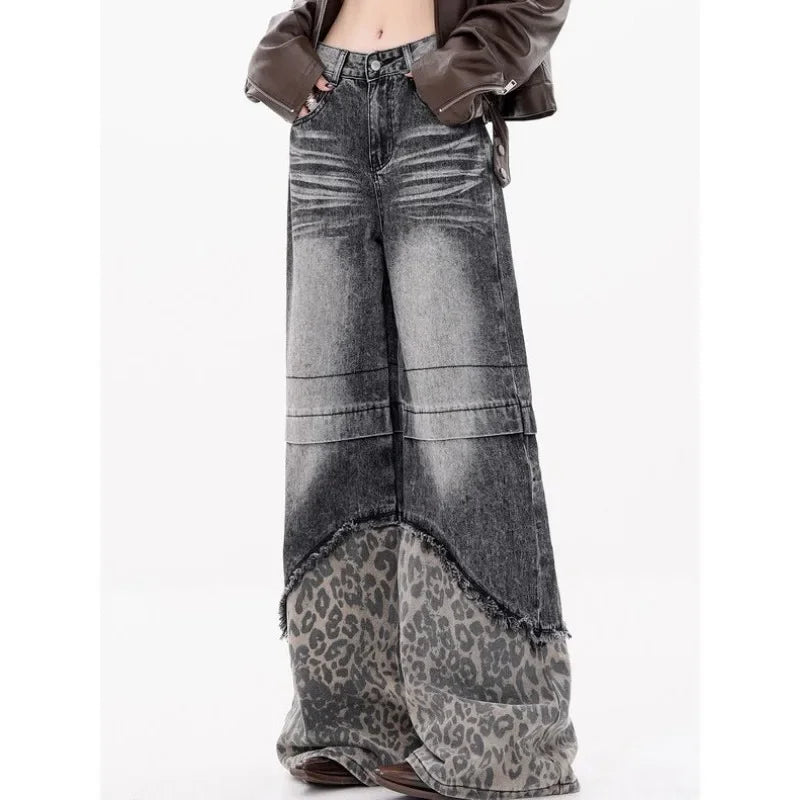 Patchwork Leopard Wide Leg Washed Jeans