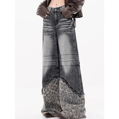Patchwork Leopard Wide Leg Washed Jeans