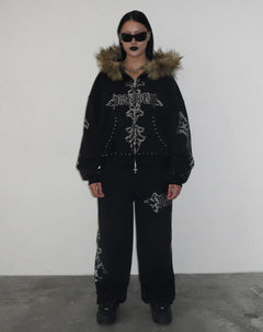 Rhinestone letter printed fur collar zipper hoodie - PWM
