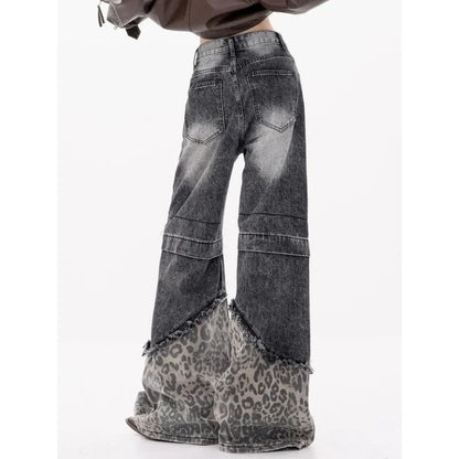 Patchwork Leopard Wide Leg Washed Jeans