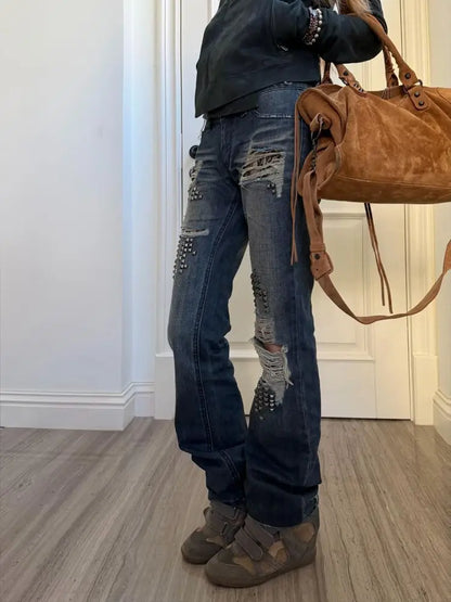 Spicy girl rivet splicing jeans