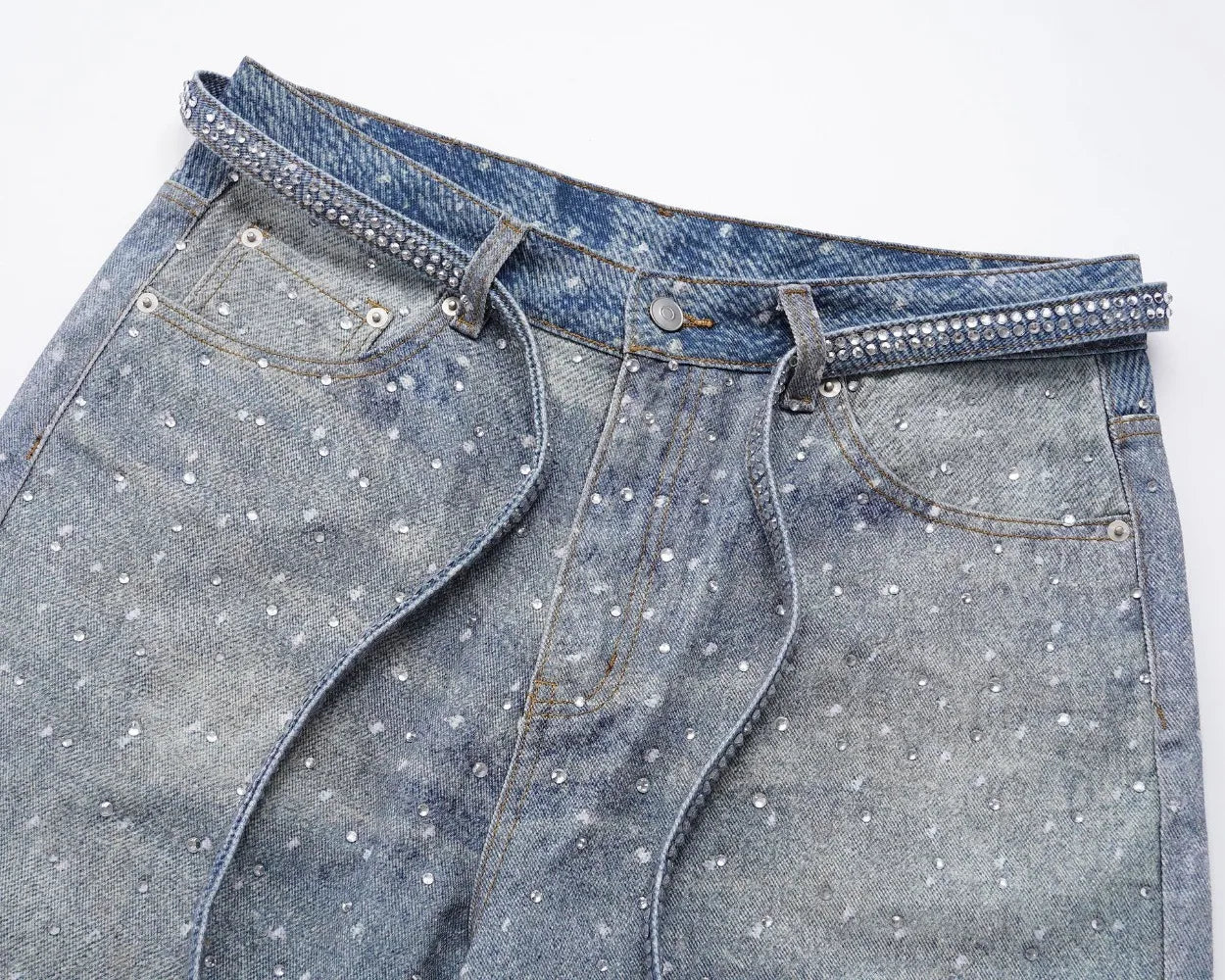 Diamond Print Rhinestone Belt Straight Jeans