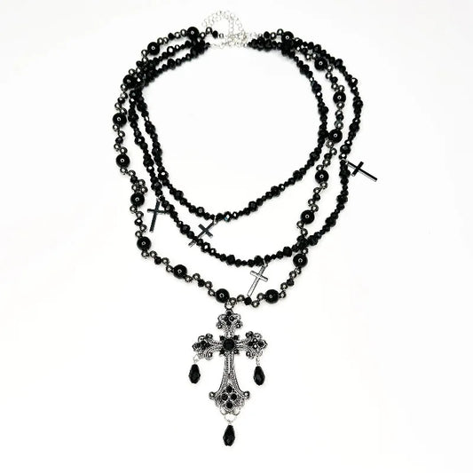 Multi Layer Cross Choker Pendant Necklace
