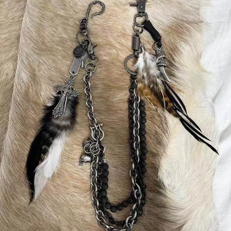 Visual Feather Skull Cross Multi-layer Keychain