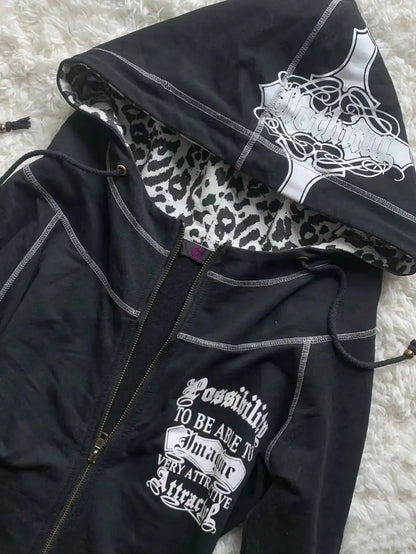 Leopard Printed Slim Fit Zipper Hoodie