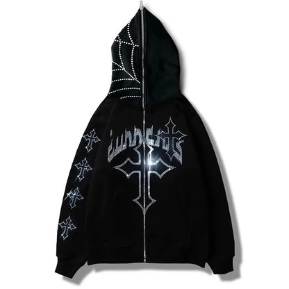 Rhinestones Cross Zipper Hoodie