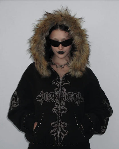 Rinestone letter printed fur collar zipper hoodie