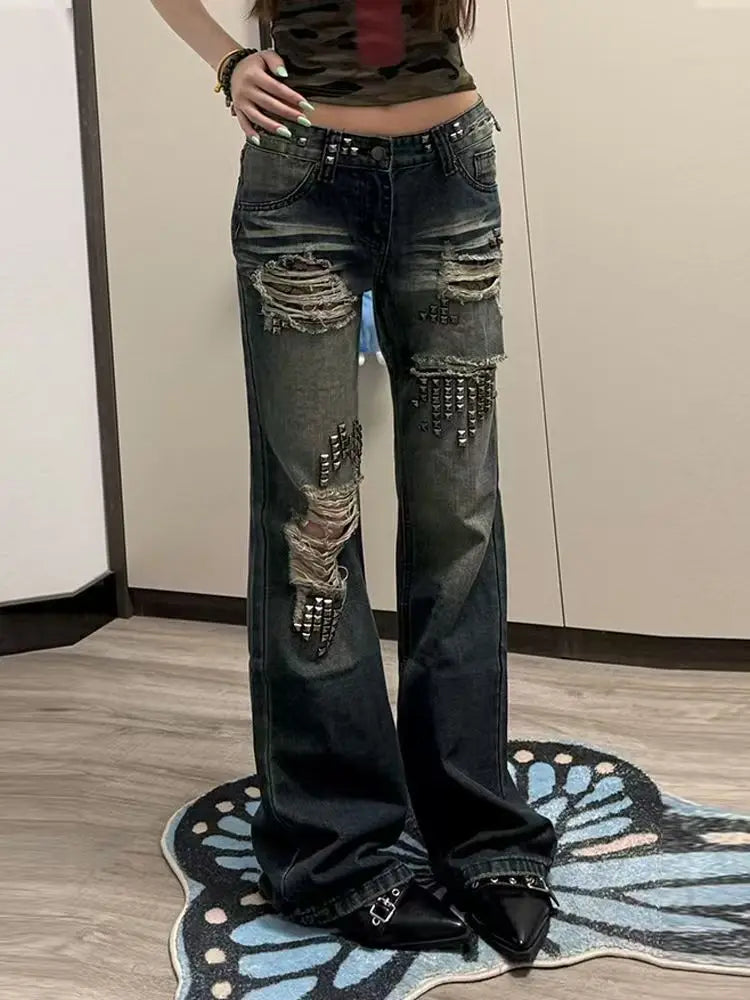 Spicy girl rivet splicing jeans