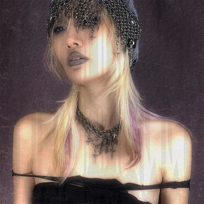 Multi-Chain Layered Choker Cross Necklace