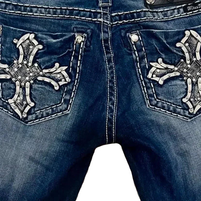 Cross Embroidered Straight Jeans