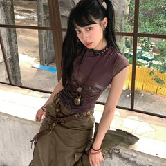Short Sleeve Lace Up Print Graphic Tops - PWM