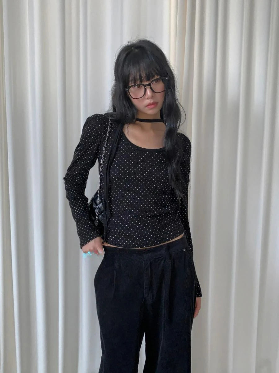 Dot Round Neck Long Sleeve Tops - PWM