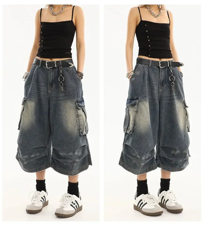Washed Denim Cargo Shorts