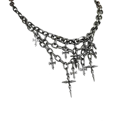 Multi-Chain Layered Choker Cross Necklace