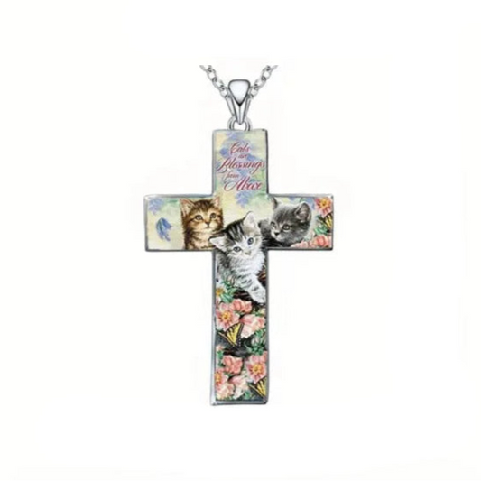 Three Cats Cross Pendant Necklace