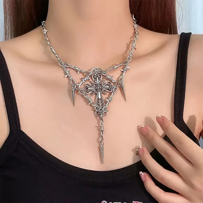 Barbed Wire Thorns Cross Pendant Necklace