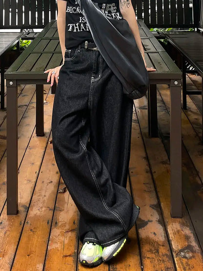 Embroidery Baggy Black Jeans