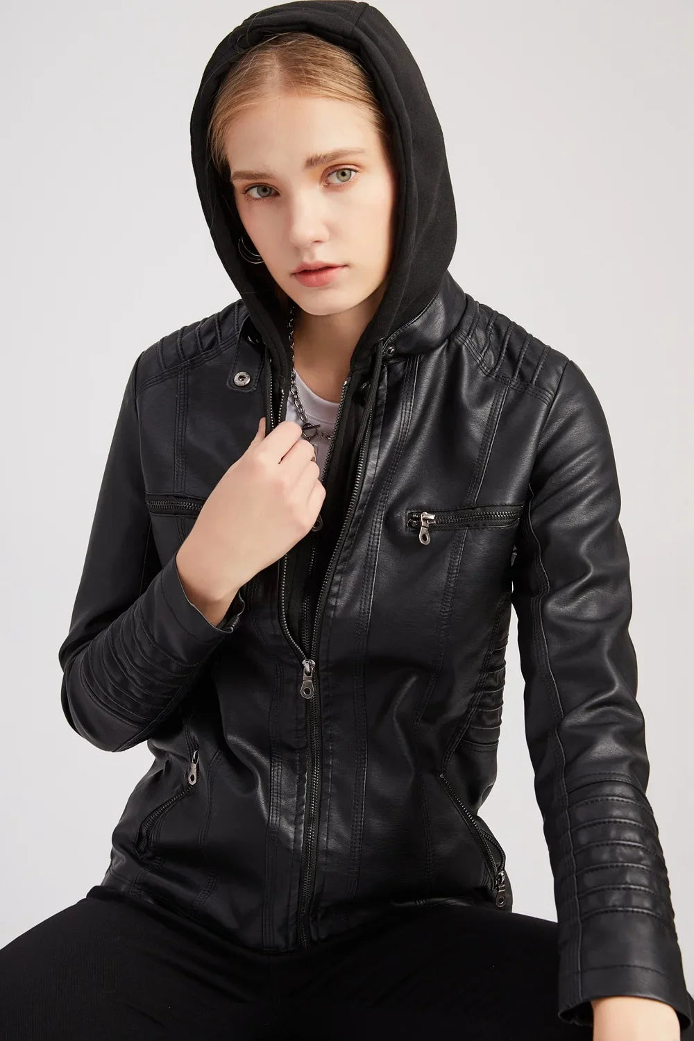 2-Piece Removal Hoodie Leather Jacket