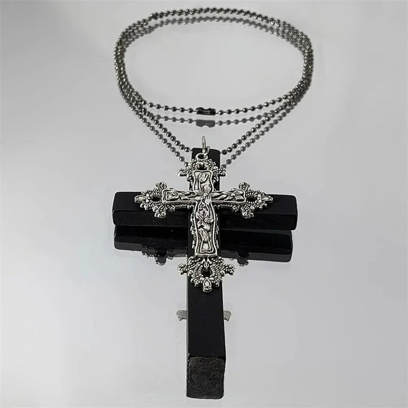 Gothic Punk Large Wood Cross Pendant Necklace