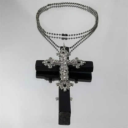 Gothic Punk Large Wood Cross Pendant Necklace
