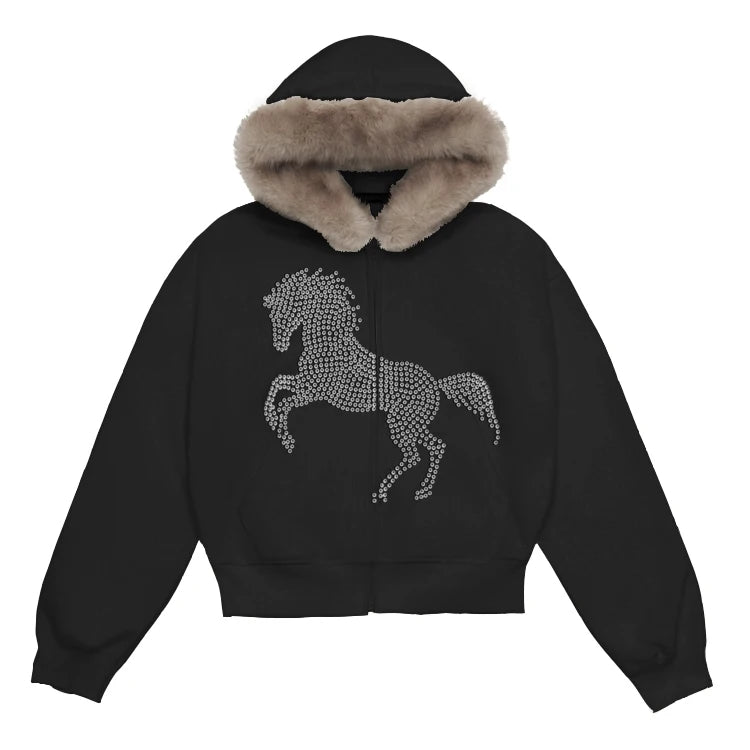 Horse Fur Collar Zipper Coat