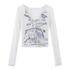 Letter Print Crop Long Sleeve V-neck Tees - PWM