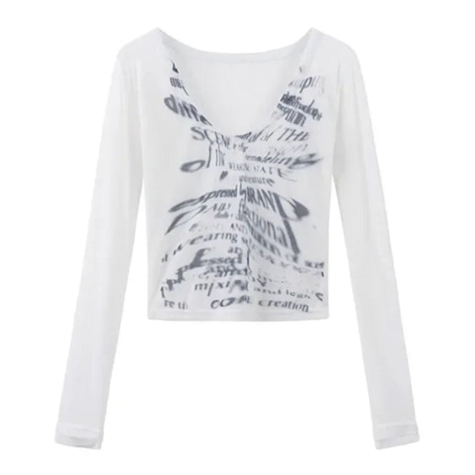 Letter Print Crop Long Sleeve V-neck Tees - PWM