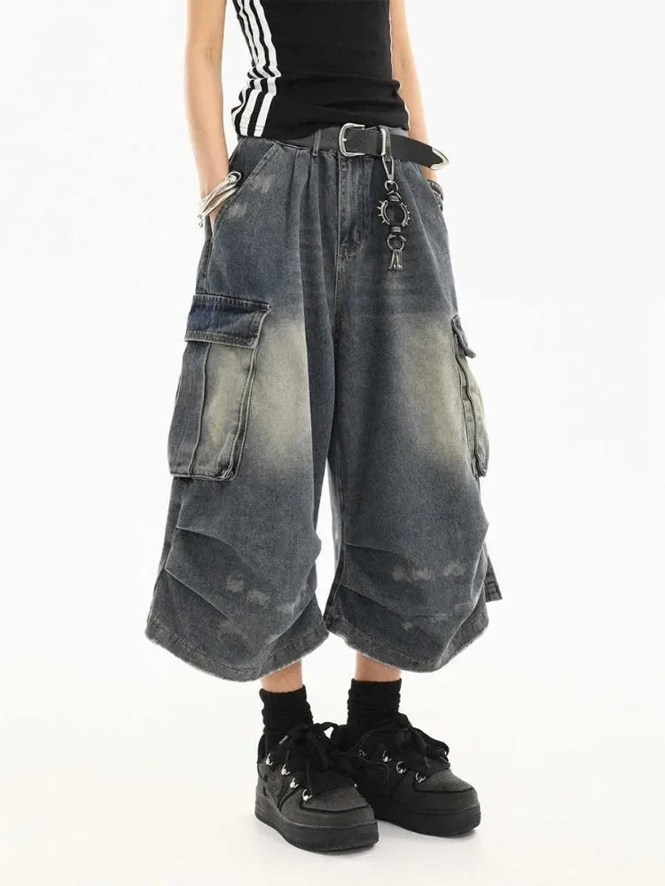 Washed Denim Cargo Shorts
