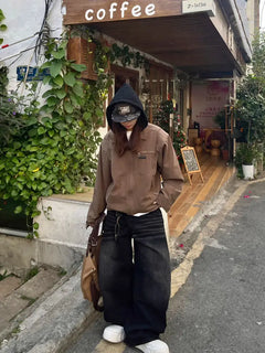 Black Embroidery Washed Baggy Jeans - PWM