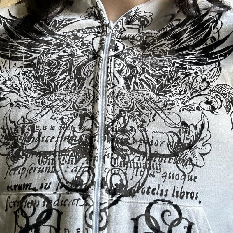Imcute Wing Print Mall Goth Zipper Hoodie - PWM