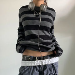 Grey Striped Long Sleeve Tops - PWM