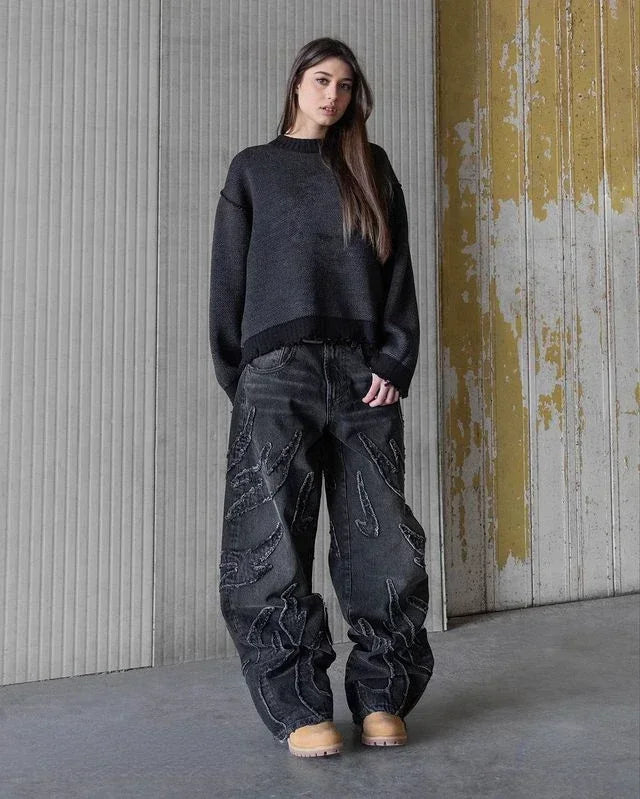 Distressed Embroidery Wide Leg Trousers