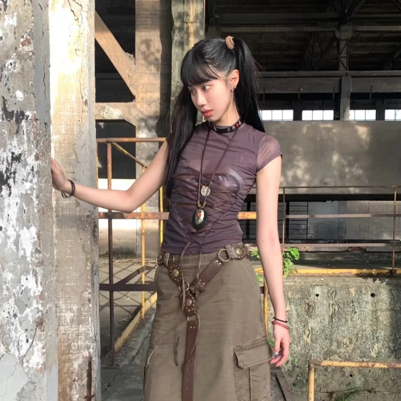 Short Sleeve Lace Up Print Graphic Tops - PWM