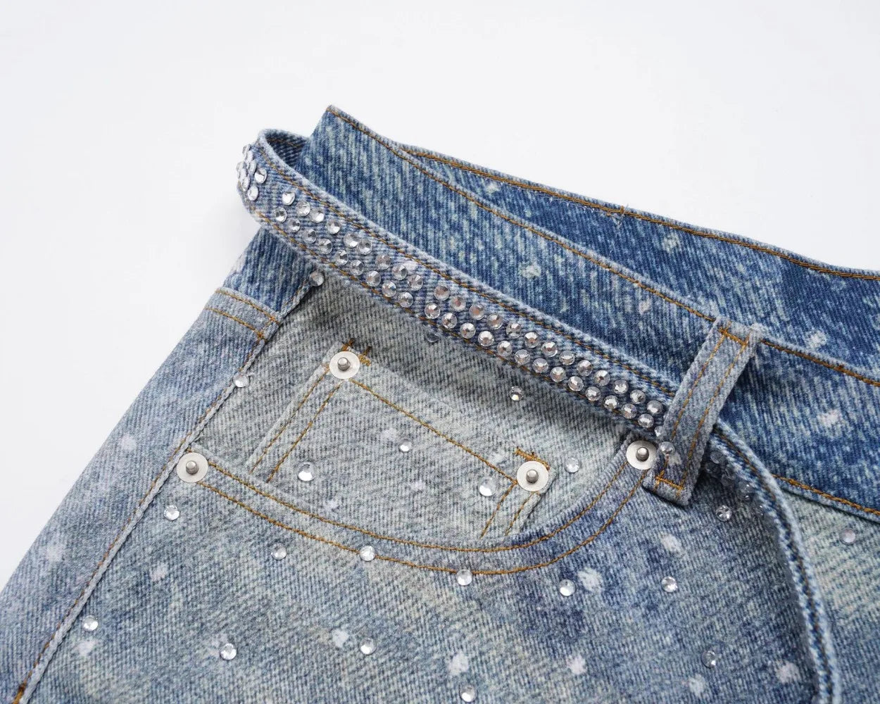 Diamond Print Rhinestone Belt Straight Jeans