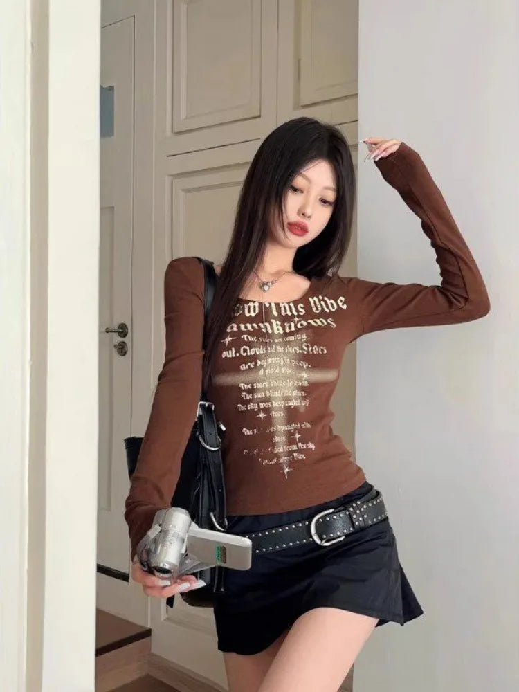 Gothic Letter Print Long Sleeve Tops - PWM