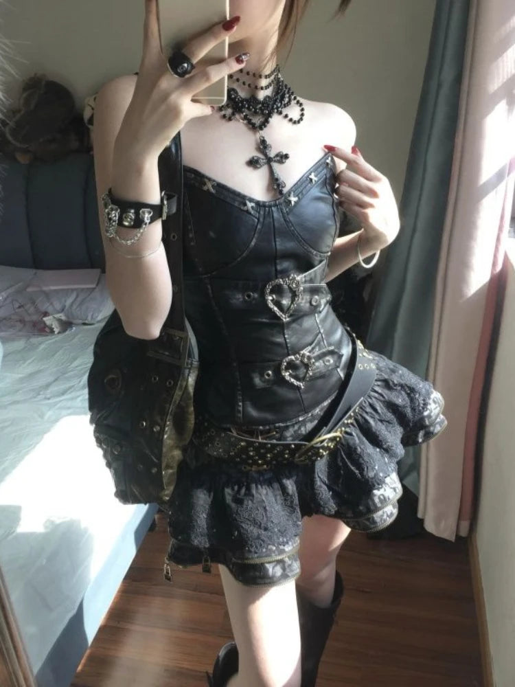 Gothic Off Shoulder Skinny Ruffle Short Skirt Set
